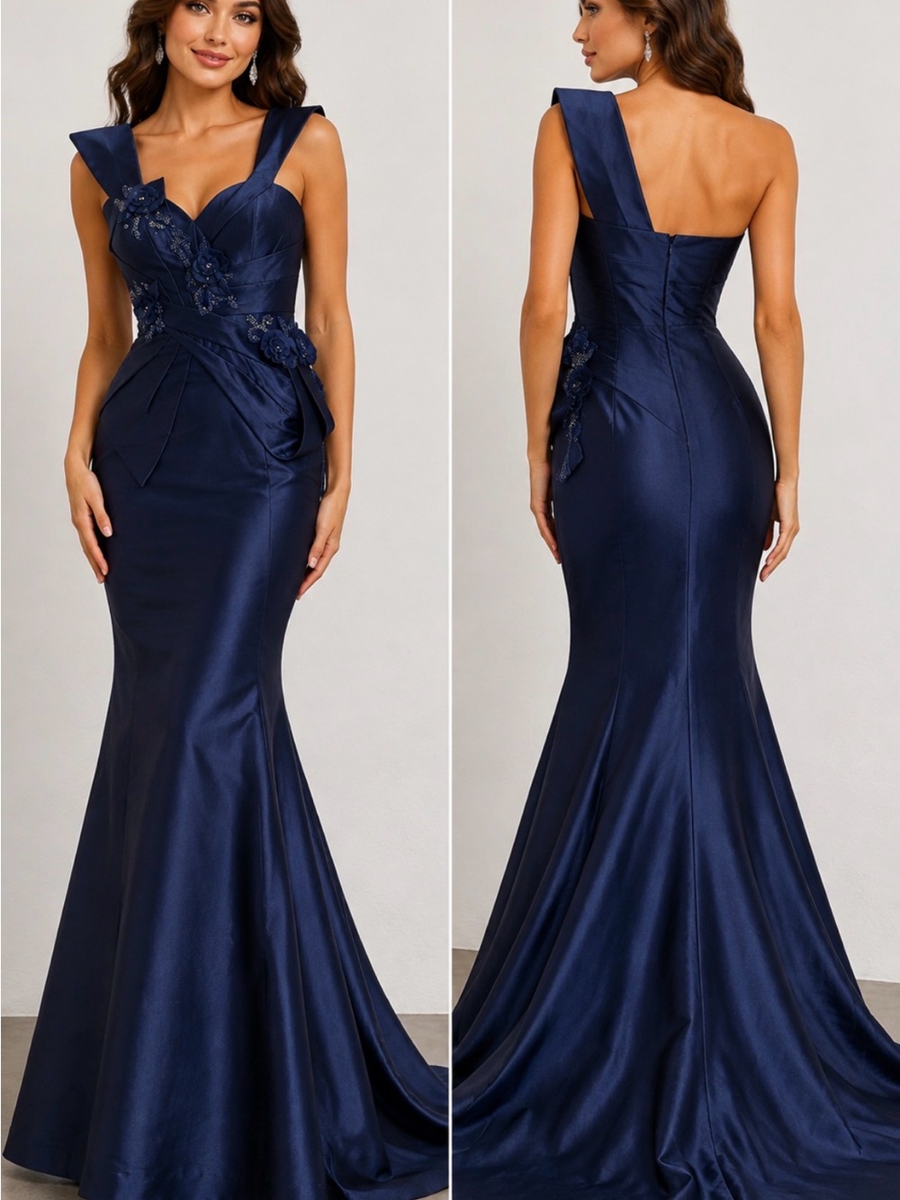 NWT Terani Couture Navy Floral Beaded Mermaid Evening Gown Size 6
